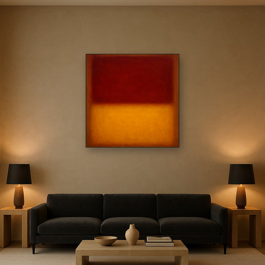 Crimson Burgundy & Saffron Gold Color Vibrations No. 24 Oil Painting Staged Above Sectional Sofa in Living Room, Hand Painted Canvas Wall Art for Home Decor