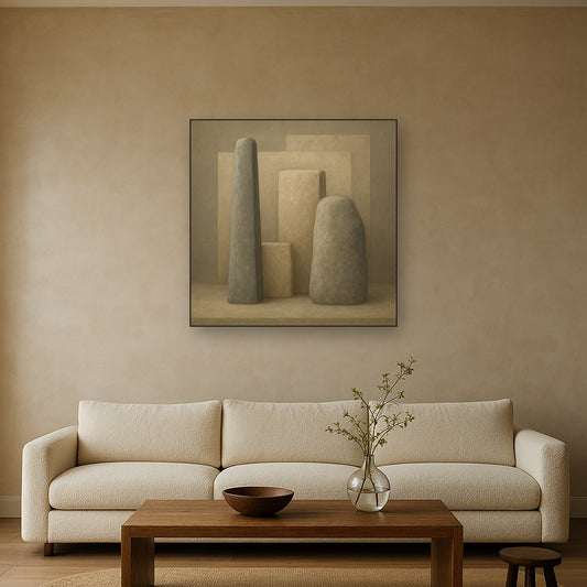 Driftwood Grey & Weathered Stone Monolith No. 7 Oil Painting Staged Above Sectional Sofa in Living Room, Hand Painted Canvas Wall Art for Home Decor