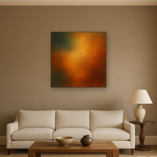Deep Topaz & Spiced Terracotta Glow No. 13 Oil Painting Staged Above Sectional Sofa in Living Room, Hand Painted Canvas Wall Art for Home Decor