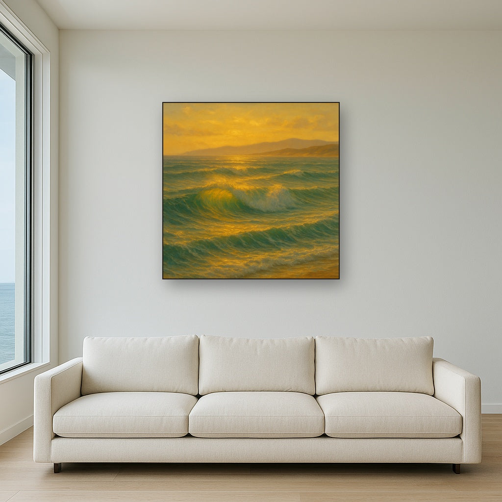 Golden Hour Sunlight on Ocean Swells No. 5 Oil Painting Staged Above Sectional Sofa in Living Room, Hand Painted Canvas Wall Art for Home Decor
