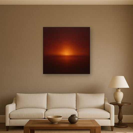 Deep Garnet & Amber Candlelight Horizon No. 18 Oil Painting Staged Above Sectional Sofa in Living Room, Hand Painted Canvas Wall Art for Home Decor
