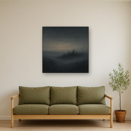 Dusk over Silent Pine Ridgeline in Charcoal Fog No. 25 Oil Painting Staged Above Sectional Sofa in Living Room, Hand Painted Canvas Wall Art for Home Decor