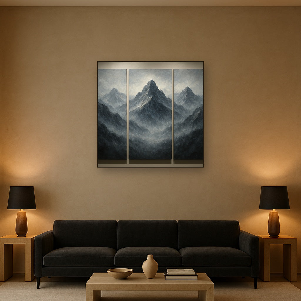 Alpine Mist Triptych Masterpiece No. 2 Oil Painting - Styled in Modern Living Room