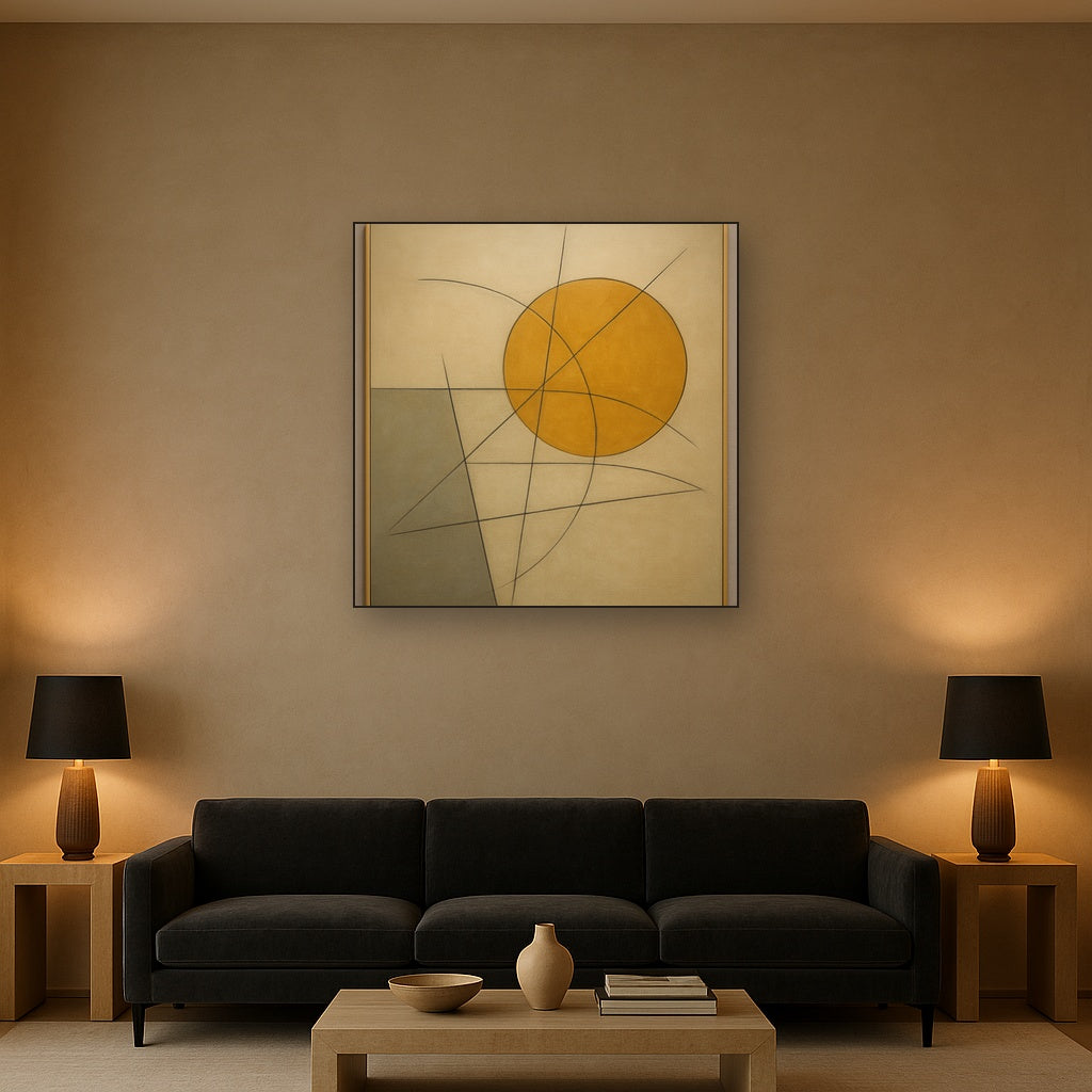 Abstract Tangent Lines & Earthy Ochre Disc No. 10 Oil Painting - View 2