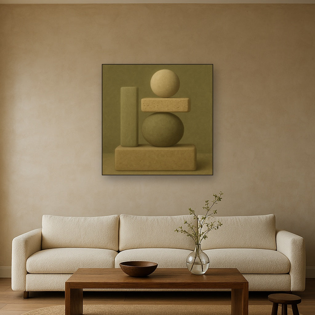 Muted Olive & Sandstone Geometric Balance No. 23 Oil Painting - View 2