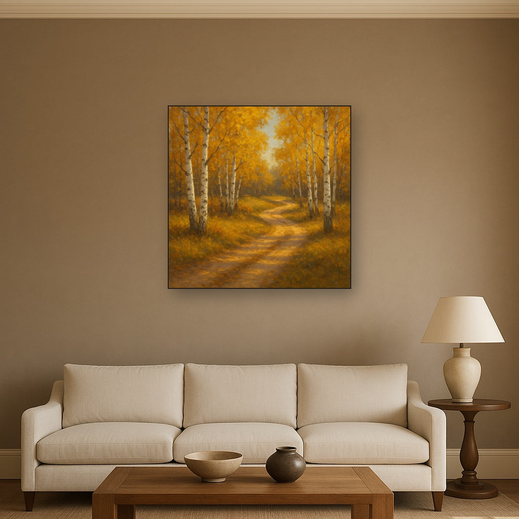 Winding Country Dirt Road through Birch Glade Fine Art Oil Painting - View 2