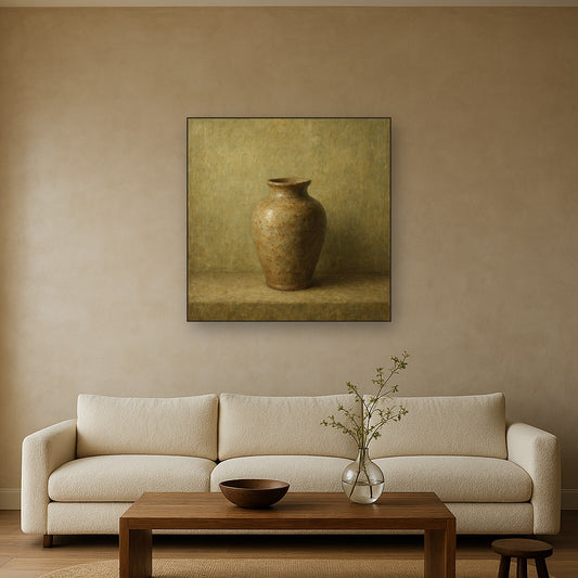 Earthen Ceramic Vessel Minimalist Oil Painting - Styled in Modern Living Room