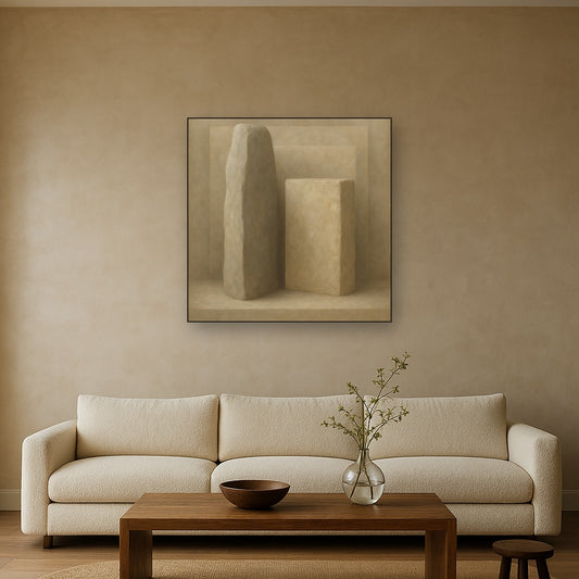 Driftwood Grey & Weathered Stone Monolith No. 26 Oil Painting Staged Above Sectional Sofa in Living Room, Hand Painted Canvas Wall Art for Home Decor