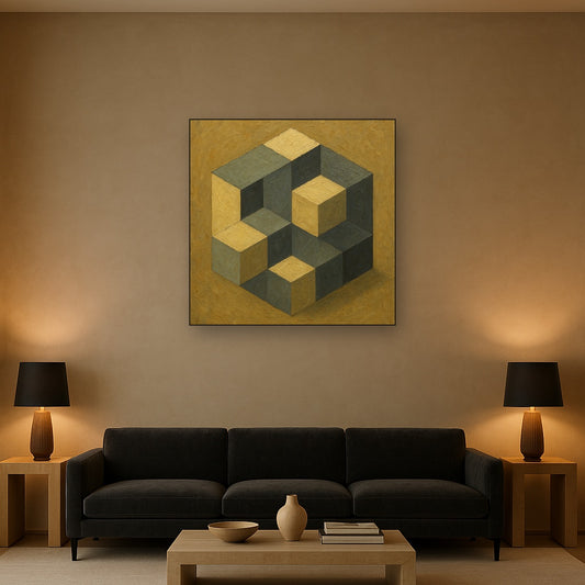 Isometric Modernist Cube Abstraction No. 5 Oil Painting - Styled in Modern Living Room