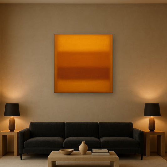 Warm Amber & Raw Sienna Sunset Meditation No. 14 Oil Painting Staged Above Sectional Sofa in Living Room, Hand Painted Canvas Wall Art for Home Decor