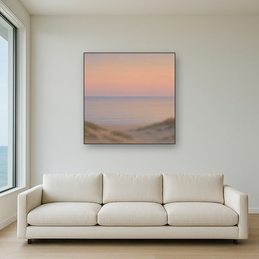 Pastel Dusk Horizon over Calm Atlantic Waters No. 10 Oil Painting Staged Above Sectional Sofa in Living Room, Hand Painted Canvas Wall Art for Home Decor