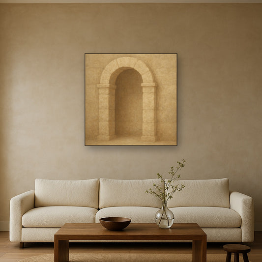 Travertine Stone Arch & Earth Tones No. 20 Oil Painting Staged Above Sectional Sofa in Living Room, Hand Painted Canvas Wall Art for Home Decor