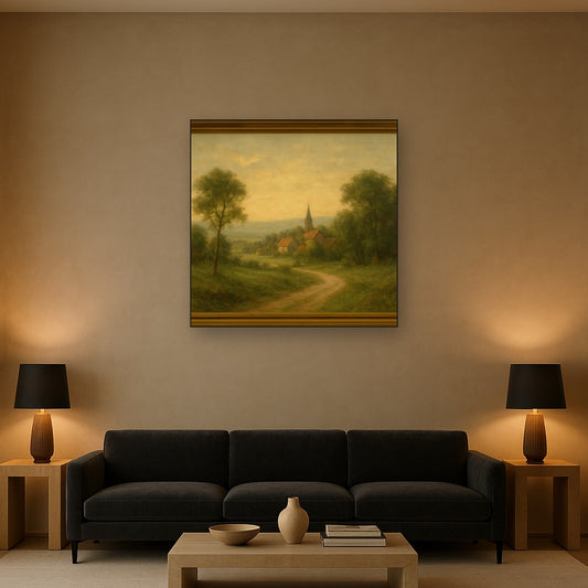 Rome Piazza Fountain in Morning Sunlight No. 6 Oil Painting Staged Above Sectional Sofa in Living Room, Hand Painted Canvas Wall Art for Home Decor
