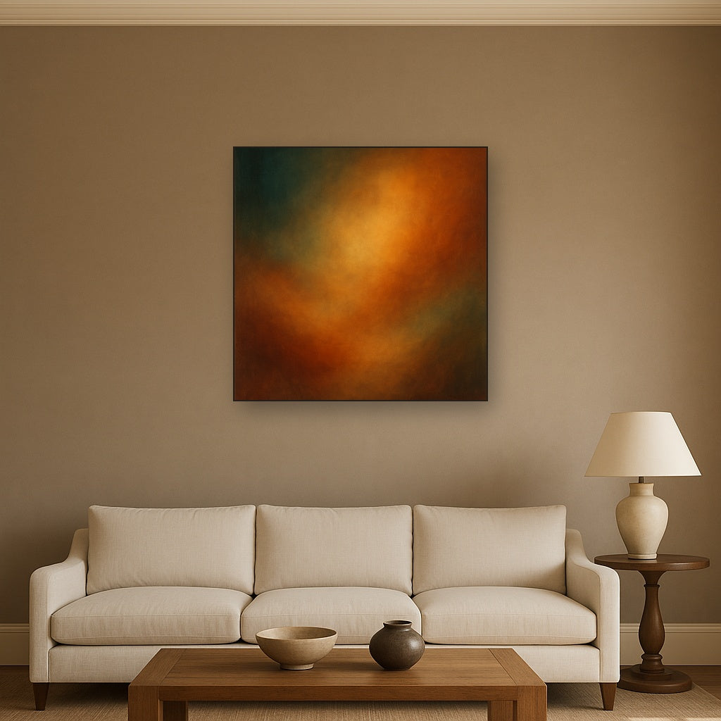 Deep Topaz & Spiced Terracotta Glow No. 16 Oil Painting Staged Above Sectional Sofa in Living Room, Hand Painted Canvas Wall Art for Home Decor