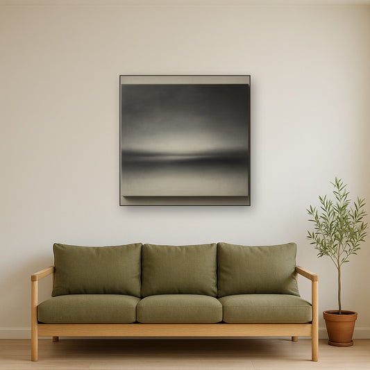 Monochrome Charcoal Drift & Soft Sfumato Horizon No. 6 Oil Painting Staged Above Sectional Sofa in Living Room, Hand Painted Canvas Wall Art for Home Decor
