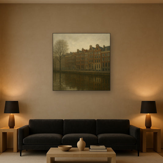 Amsterdam Canal Houses Under Overcast Sky No. 17 Oil Painting Staged Above Sectional Sofa in Living Room, Hand Painted Canvas Wall Art for Home Decor