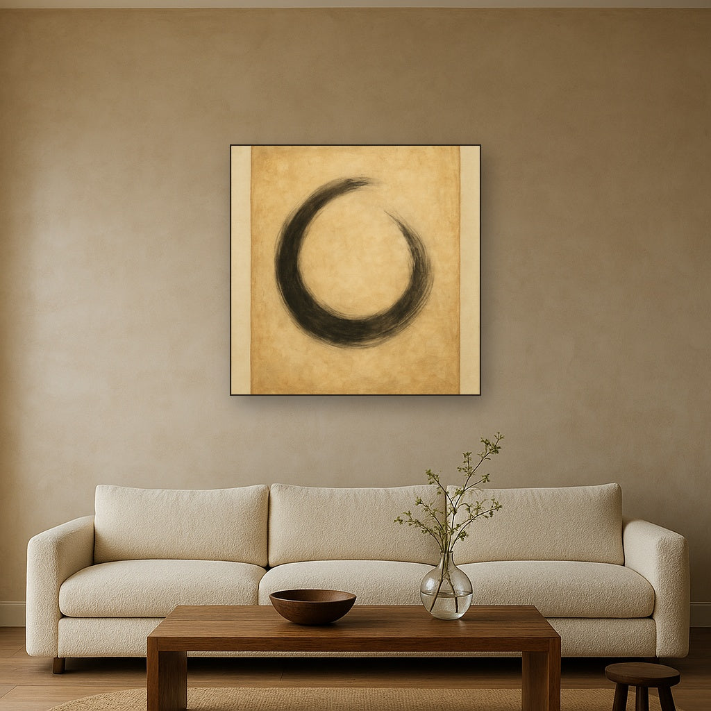 Aged Rice Paper & Charcoal Calligraphic Balance No. 14 Oil Painting Staged Above Sectional Sofa in Living Room, Hand Painted Canvas Wall Art for Home Decor