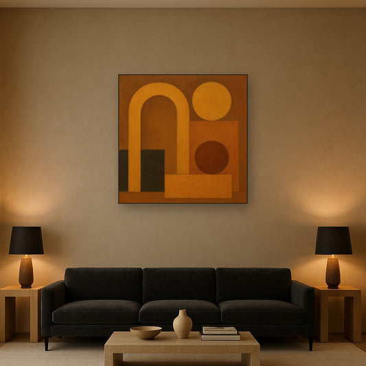 Arch & Circle Equilibrium in Warm Earth Tones No. 20 Oil Painting Staged Above Sectional Sofa in Living Room, Hand Painted Canvas Wall Art for Home Decor