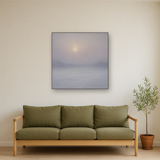 Winter Dawn Frost & Pale Silver Light No. 11 Oil Painting Staged Above Sectional Sofa in Living Room, Hand Painted Canvas Wall Art for Home Decor