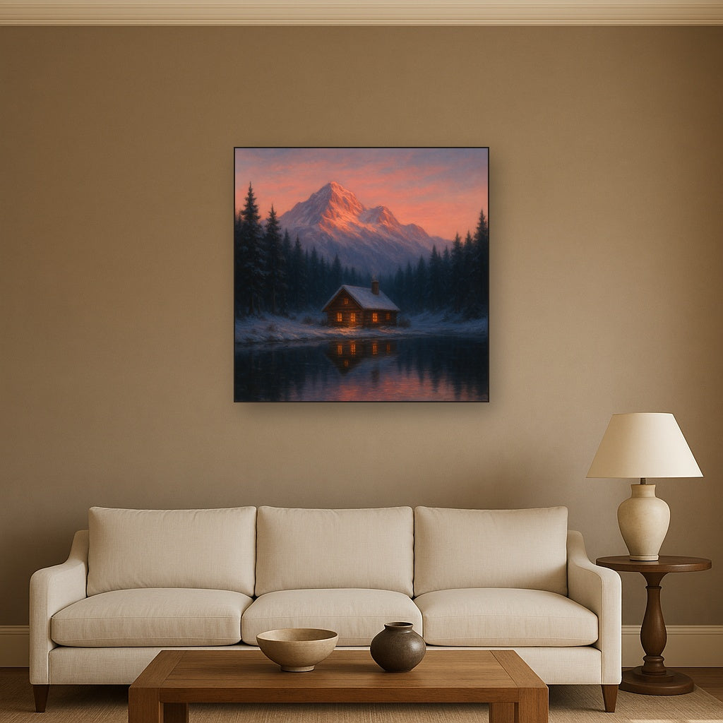 Winter Solstice Mountain Cabin Reflection No. 10 Oil Painting - View 2