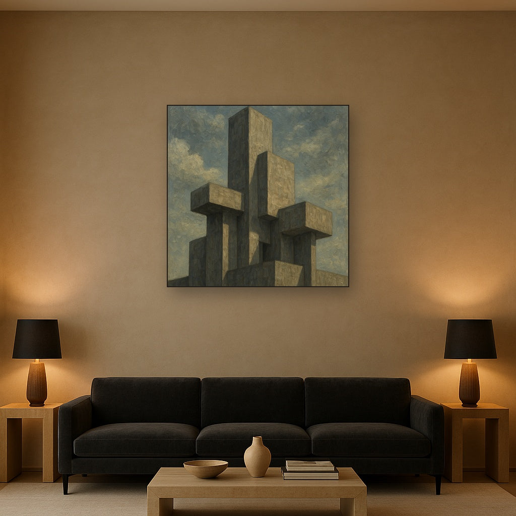 Brutalist Concrete Monolith & Sky No. 8 Oil Painting - Styled in Modern Living Room