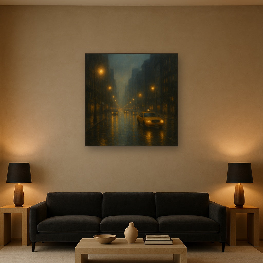 Rain-Drenched Manhattan Avenue Lights No. 2 Oil Painting - View 2