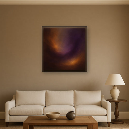 Burnt Amber & Velvet Amethyst Atmosphere No. 7 Oil Painting Staged Above Sectional Sofa in Living Room, Hand Painted Canvas Wall Art for Home Decor
