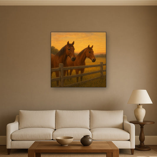 Two Horses at Rustic Post & Rail Fence No. 18 Oil Painting Staged Above Sectional Sofa in Living Room, Hand Painted Canvas Wall Art for Home Decor
