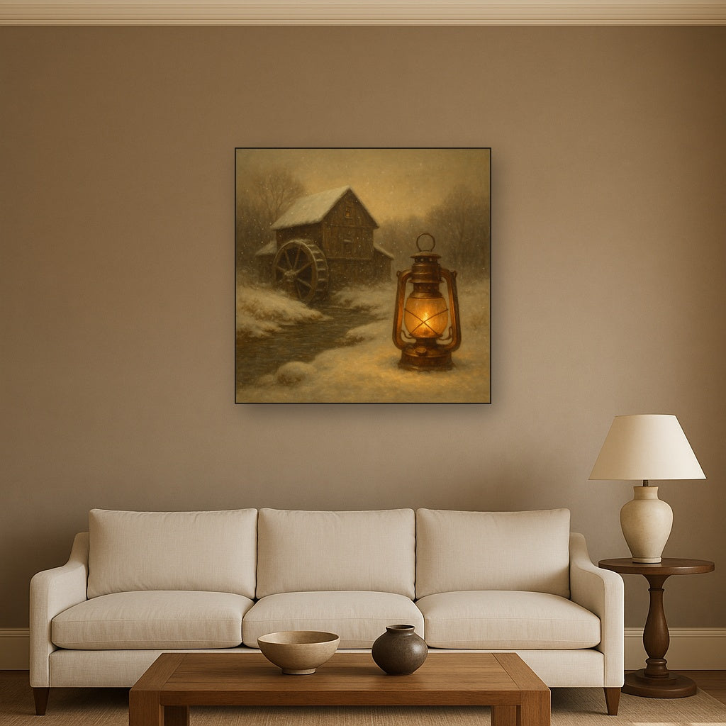 Snowy Mill Stream & Glowing Lantern No. 4 Oil Painting - View 2