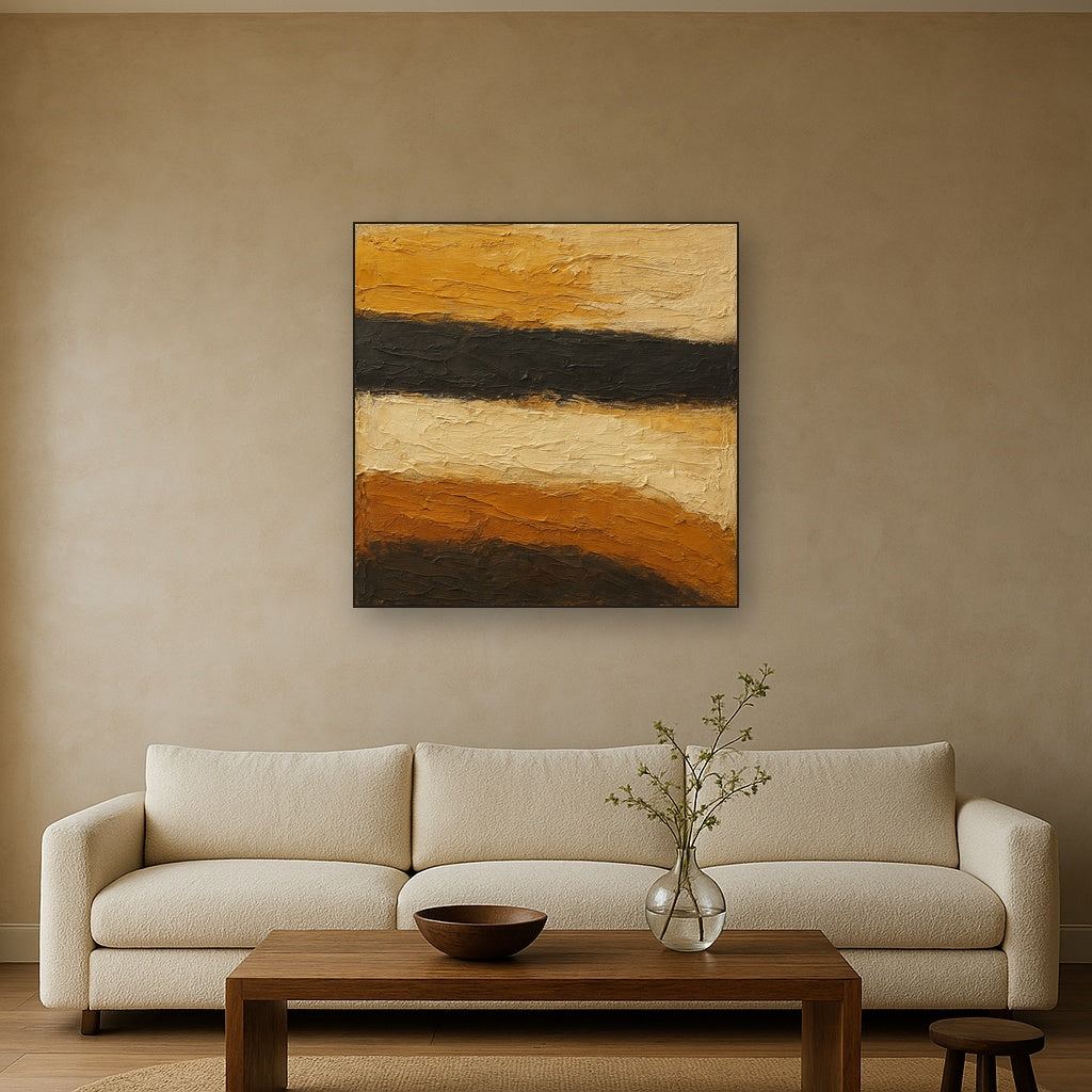 Charcoal & Ochre Horizon Wabi-Sabi Oil Painting - Styled in Modern Living Room