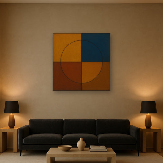 Bauhaus Quadrant Harmony in Primary Earth Tones No. 3 Oil Painting Staged Above Sectional Sofa in Living Room, Hand Painted Canvas Wall Art for Home Decor