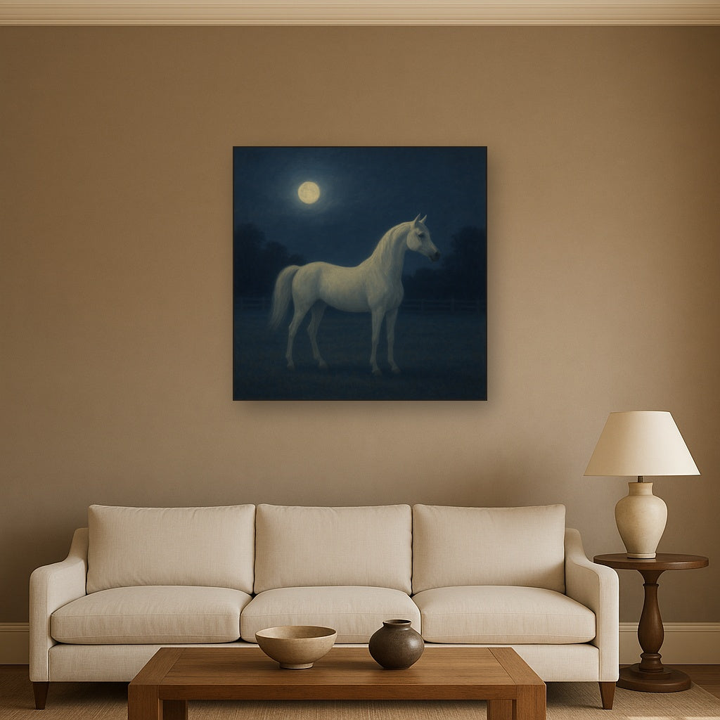 Moonlit Paddock with White Arabian Silhouette No. 2 Oil Painting - View 2