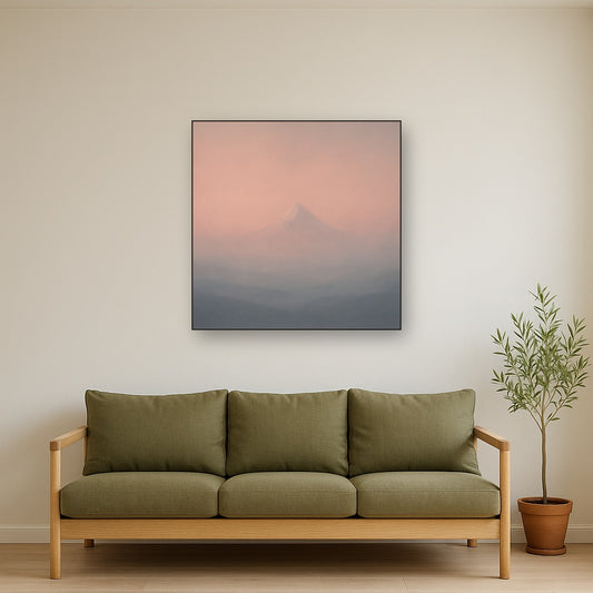 Pale Alpenglow over Distant Glacial Peak No. 14 Oil Painting Staged Above Sectional Sofa in Living Room, Hand Painted Canvas Wall Art for Home Decor
