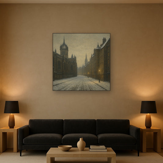Edinburgh Old Town Royal Mile in Snow No. 2 Oil Painting Staged Above Sectional Sofa in Living Room, Hand Painted Canvas Wall Art for Home Decor