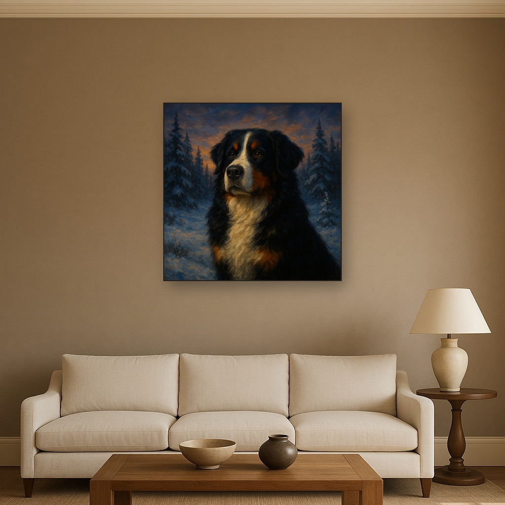 Bernese Mountain Dog in Winter Snowscape Fine Art Oil Painting - View 2