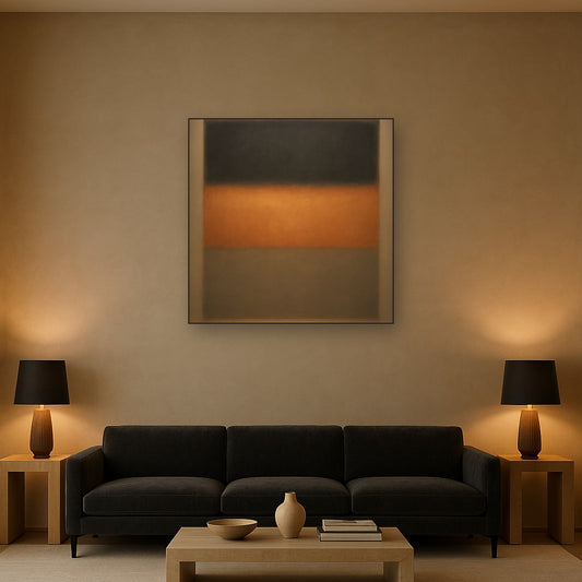 Charcoal Slate & Burnished Copper Horizon No. 23 Oil Painting Staged Above Sectional Sofa in Living Room, Hand Painted Canvas Wall Art for Home Decor