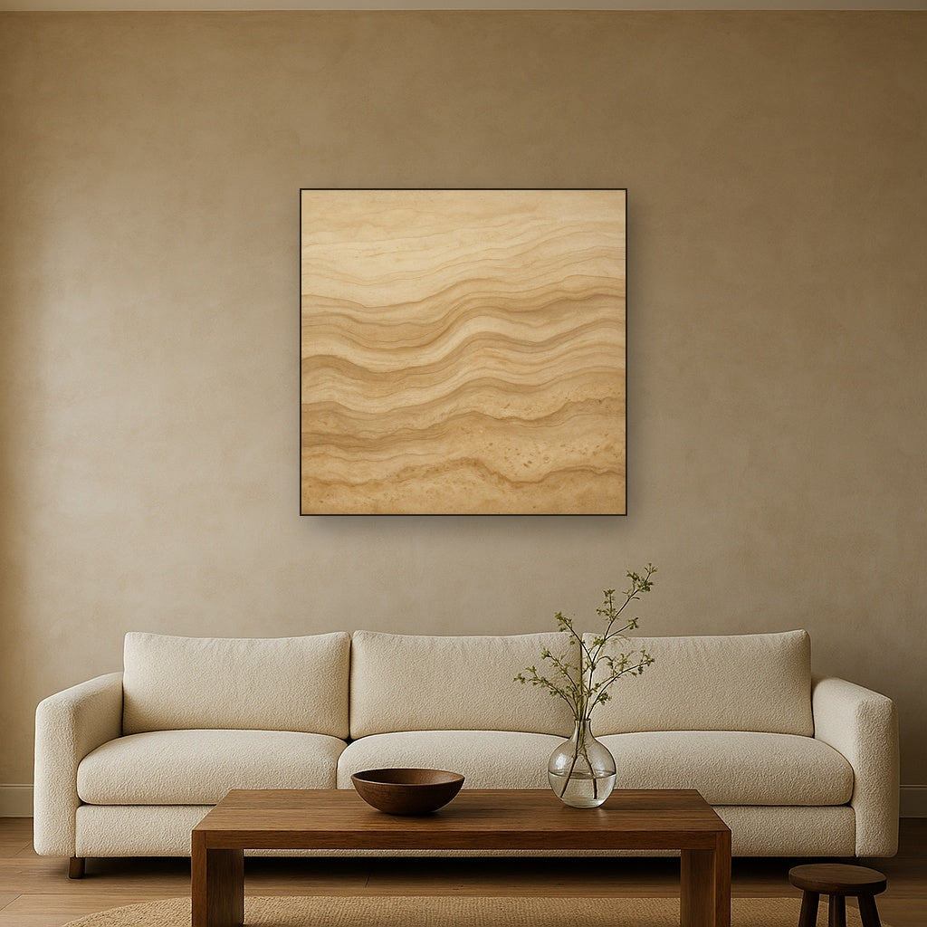 Weathered Mineral Sediments in Warm Ecru No. 10 Oil Painting Staged Above Sectional Sofa in Living Room, Hand Painted Canvas Wall Art for Home Decor