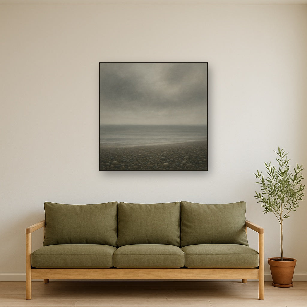 Overcast Coastal Fog & Wet Pebble Shingle No. 23 Oil Painting Staged Above Sectional Sofa in Living Room, Hand Painted Canvas Wall Art for Home Decor