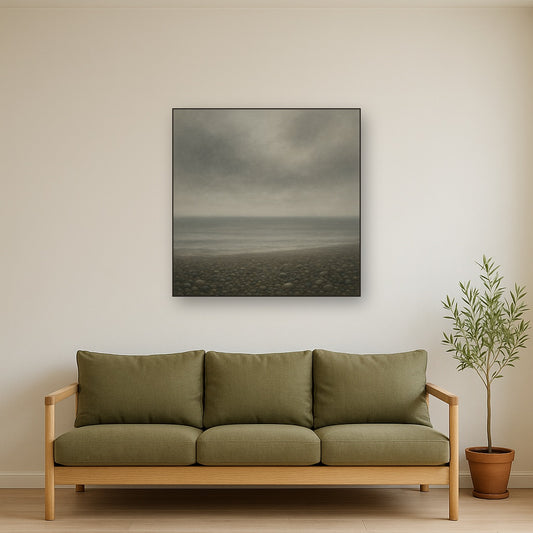 Overcast Coastal Fog & Wet Pebble Shingle No. 23 Oil Painting Staged Above Sectional Sofa in Living Room, Hand Painted Canvas Wall Art for Home Decor