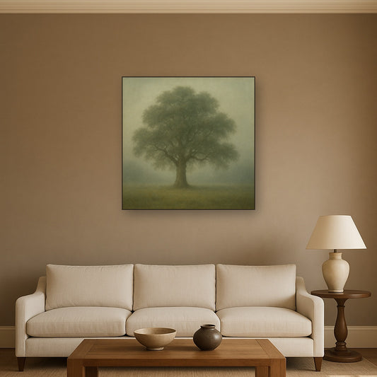 Ancient Solitary Oak in Morning Fog No. 2 Oil Painting Staged Above Sectional Sofa in Living Room, Hand Painted Canvas Wall Art for Home Decor