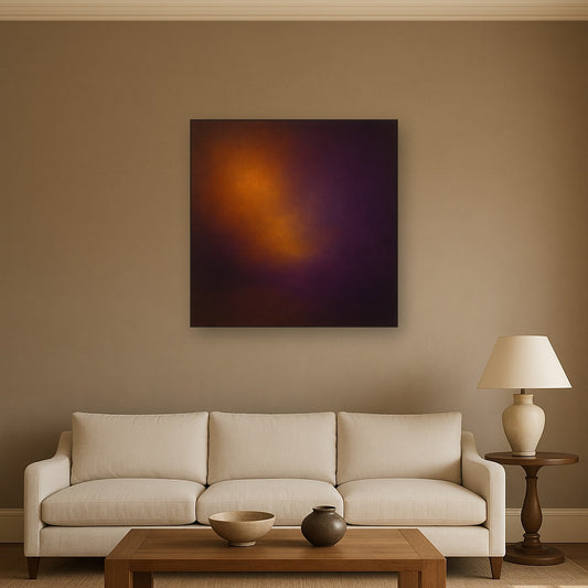 Burnt Amber & Velvet Amethyst Atmosphere No. 5 Oil Painting Staged Above Sectional Sofa in Living Room, Hand Painted Canvas Wall Art for Home Decor