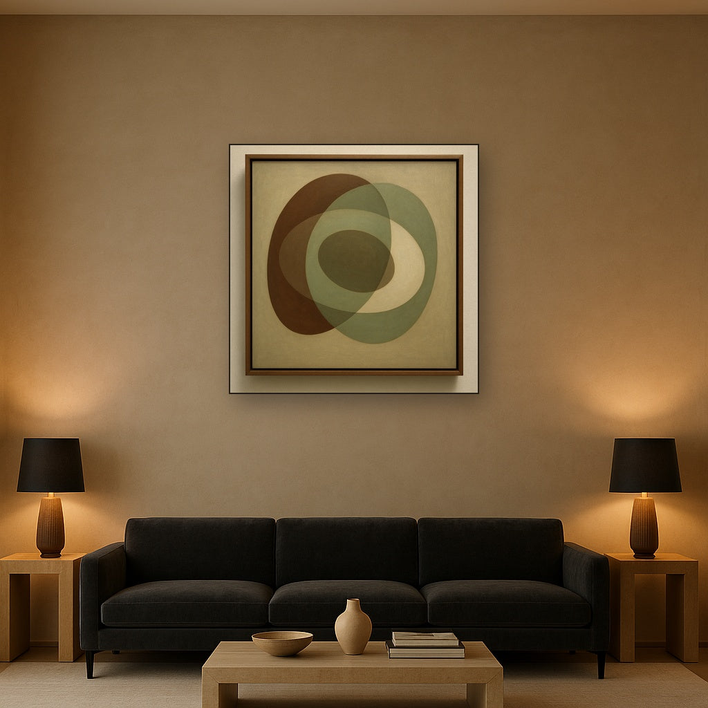Floating Ellipse Harmony in Walnut & Pale Sage No. 2 Oil Painting Staged Above Sectional Sofa in Living Room, Hand Painted Canvas Wall Art for Home Decor