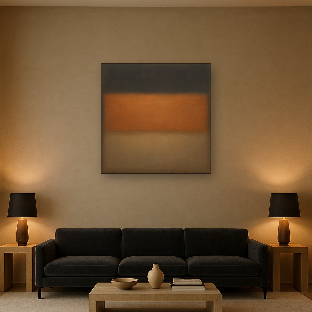Charcoal Slate & Burnished Copper Horizon No. 27 Oil Painting Staged Above Sectional Sofa in Living Room, Hand Painted Canvas Wall Art for Home Decor
