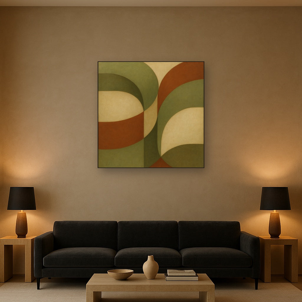 Intersecting Curved Forms in Olive & Rust No. 19 Oil Painting - View 2