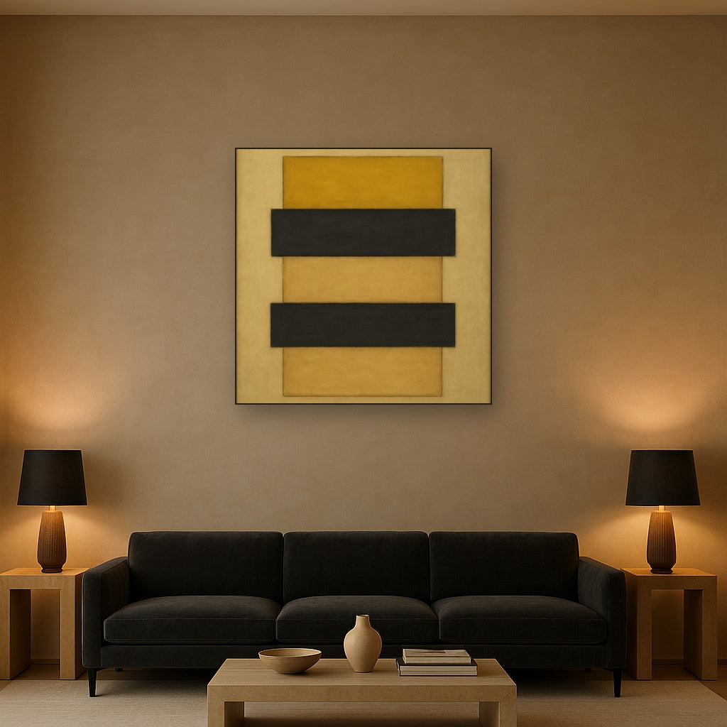 Stacked Horizon Blocks in Mustard & Charcoal No. 7 Oil Painting - View 2