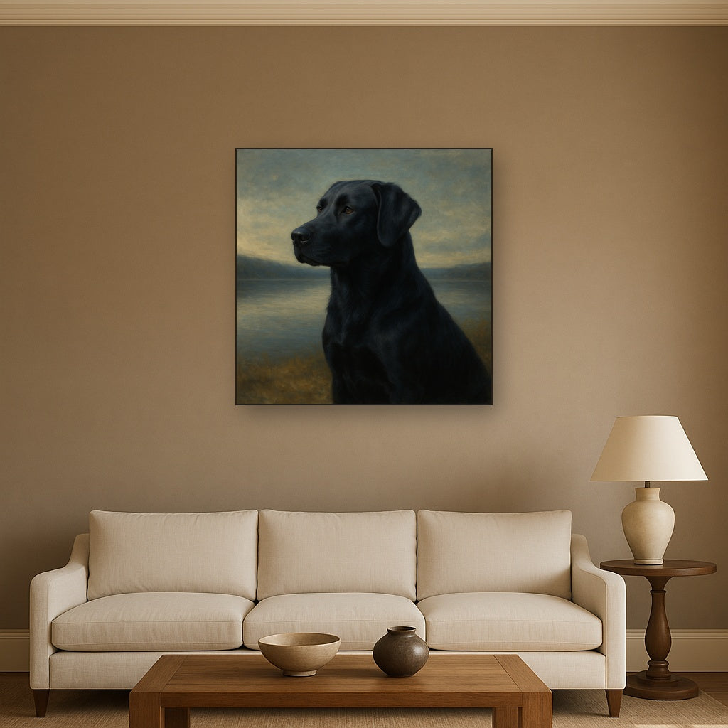 Black Labrador Retriever by Misty Lake Horizon No. 4 Fine Art Oil Painting - View 2