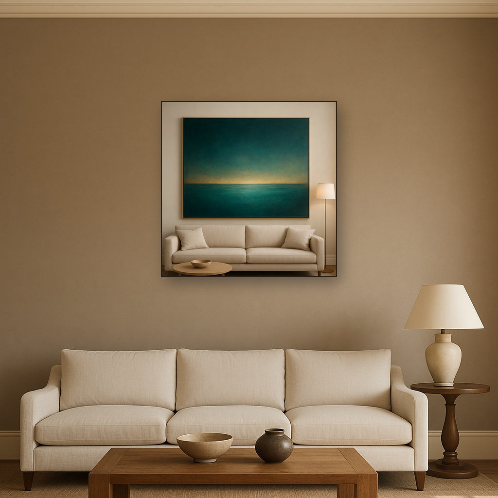 Peacock Teal & Champagne Gold Horizon No. 9 Oil Painting - View 2