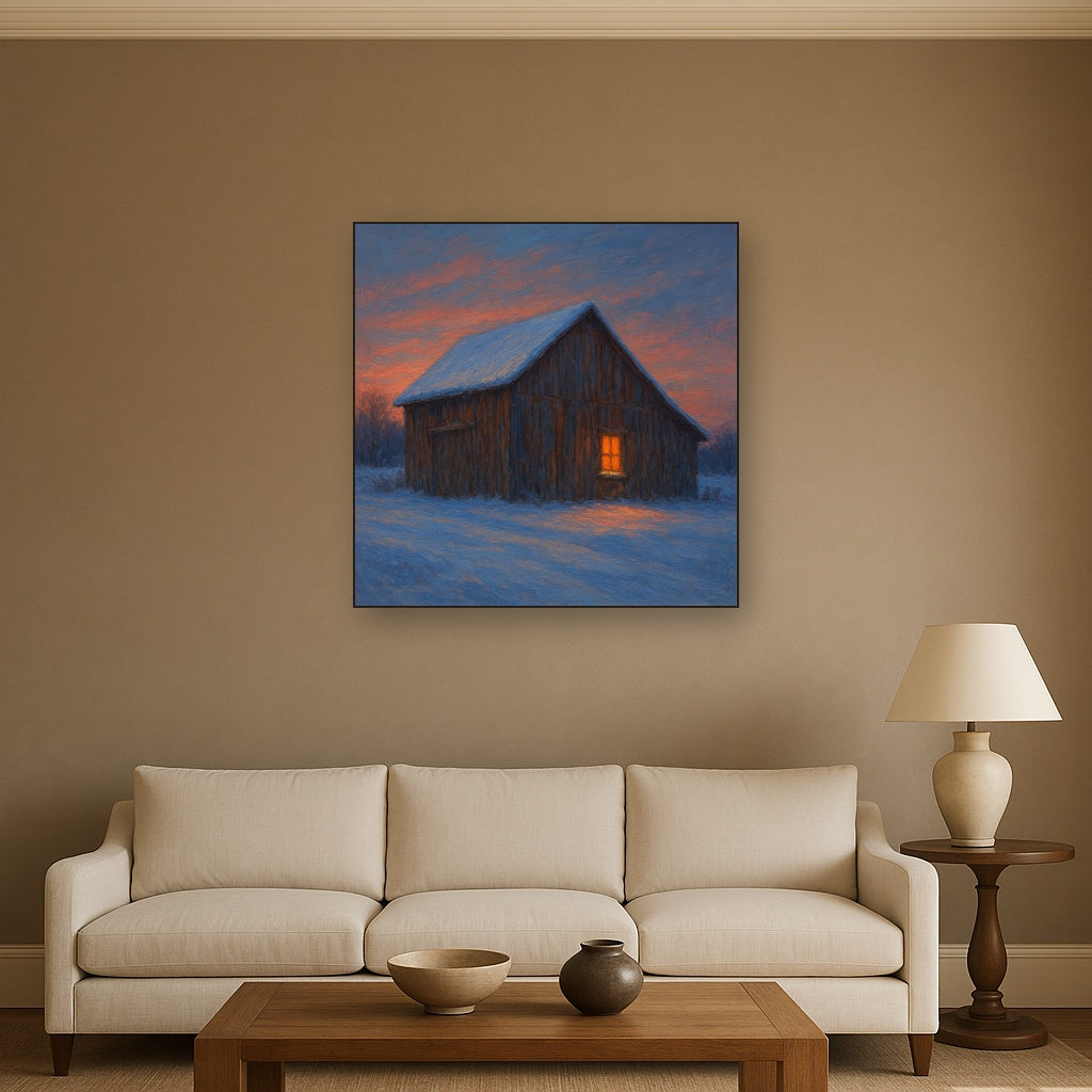 Rustic Wooden Barn in Quiet Winter Twilight No. 8 Fine Art Oil Painting - View 2