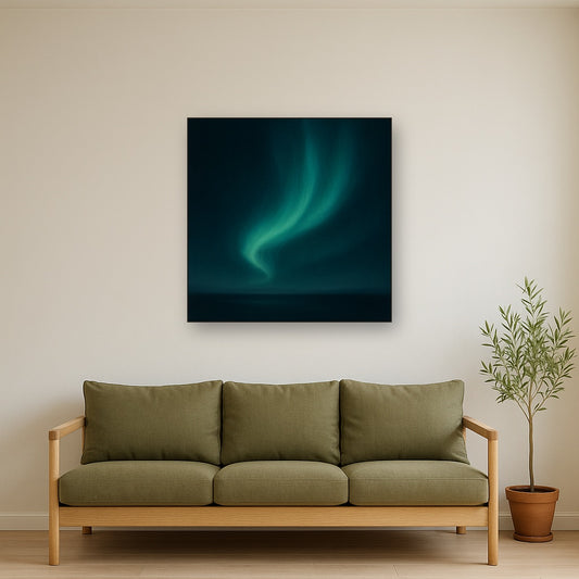 Aurora Borealis Veil in Deep Midnight Indigo No. 17 Oil Painting Staged Above Sectional Sofa in Living Room, Hand Painted Canvas Wall Art for Home Decor
