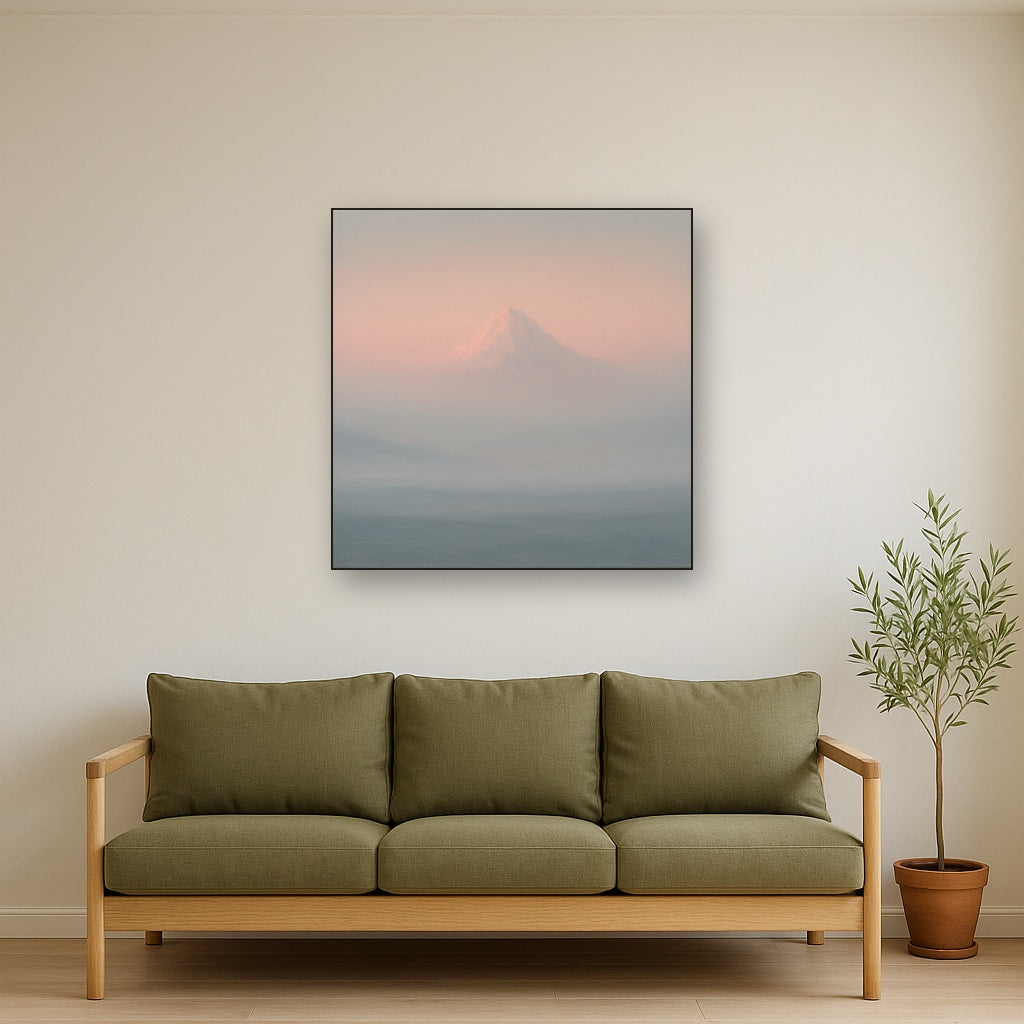 Pale Alpenglow over Distant Glacial Peak No. 21 Oil Painting Staged Above Sectional Sofa in Living Room, Hand Painted Canvas Wall Art for Home Decor